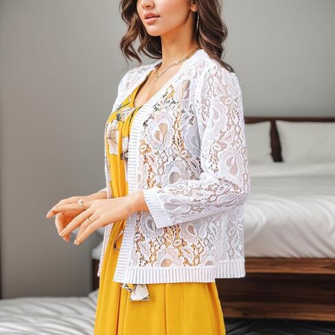 FindThy Women’s Open Front Lace Cardigan Long Sleeve Floral Crochet Summer Shrug Cover Ups in Saudi Arabia