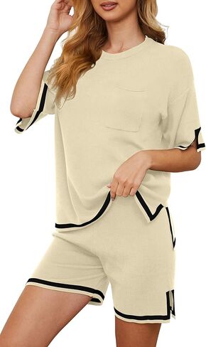 ملابس رياضية نسائية من RUBZOOF مكونة من قطعتين صيفية بأكمام قصيرة مكونة من قطعتين ملابس علوية وسراويل قصيرة متماسكة للنساء in Kuwait