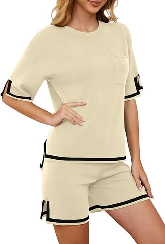 ملابس رياضية نسائية من RUBZOOF مكونة من قطعتين صيفية بأكمام قصيرة مكونة من قطعتين ملابس علوية وسراويل قصيرة متماسكة للنساء in Kuwait