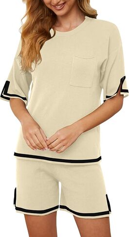 ملابس رياضية نسائية من RUBZOOF مكونة من قطعتين صيفية بأكمام قصيرة مكونة من قطعتين ملابس علوية وسراويل قصيرة متماسكة للنساء in Kuwait