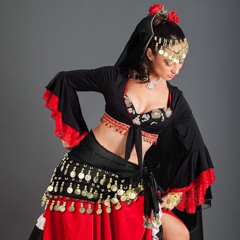 Eurzom الغجر زي المرأة الغجر الرقص الشرقي اكسسوارات الغجر وشاح الرأس مع عملات الغجر وشاح الورك مجموعة سوار in Kuwait
