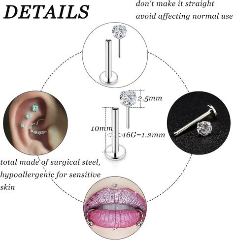 Vsnnsns 20G 18G 16G Push in Lip Rings Stainless Surgical Steel Labret Jewelry Monroe Lip Rings Nail Cartilage Tragus Helix Earrings Studs Nose Ring Medusa Piercing Jewelry For Women Men 20Pcs CZ in Kuwait
