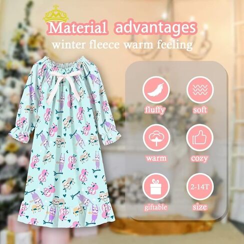 Girls Flannel Nightgown,Winter Warm Fleece Pajamas Dresses for Girls, Long Sleepwear with Long Sleeve, Size 2T-14 in Saudi Arabia