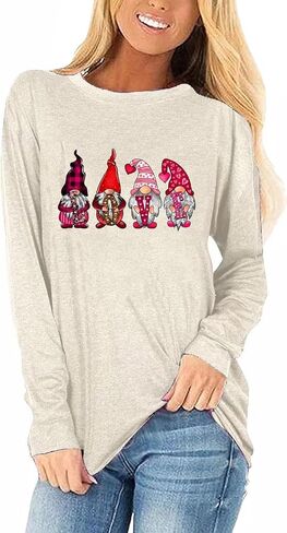 Woffccrd Womens Love Heart Shirts Long Sleeve Valentine's Day Crewneck Casual Plaid Heart Gnomes Graphic Tee Tops in Saudi Arabia