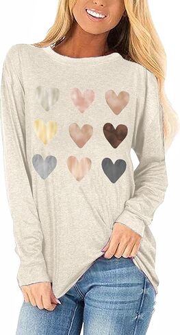 Woffccrd Womens Love Heart Shirts Long Sleeve Valentine's Day Crewneck Casual Plaid Heart Gnomes Graphic Tee Tops in Saudi Arabia