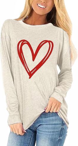 Woffccrd Womens Love Heart Shirts Long Sleeve Valentine's Day Crewneck Casual Plaid Heart Gnomes Graphic Tee Tops in Saudi Arabia