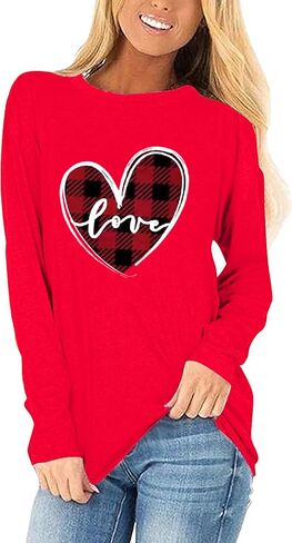 Woffccrd Womens Love Heart Shirts Long Sleeve Valentine's Day Crewneck Casual Plaid Heart Gnomes Graphic Tee Tops in Saudi Arabia