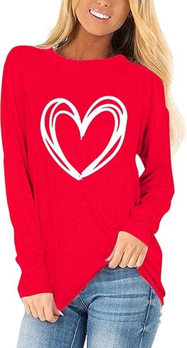 Woffccrd Womens Love Heart Shirts Long Sleeve Valentine's Day Crewneck Casual Plaid Heart Gnomes Graphic Tee Tops in Saudi Arabia