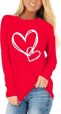 Woffccrd Womens Love Heart Shirts Long Sleeve Valentine's Day Crewneck Casual Plaid Heart Gnomes Graphic Tee Tops in Saudi Arabia