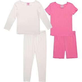 طقم بيجامة للفتيات من Mon Petit - قميص نوم منسوج مضلع مكون من 4 قطع وسروال قصير (4-6X)