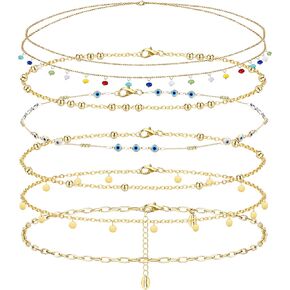 FIBO STEEL 6PCS 18K Gold Plated Waist Chains Bikini Belly Chain for Women Classic Bikini Body Chain Jewelry for Summer Beach Adjustable