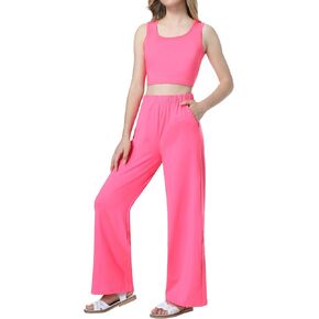 EXARUS Girls' Pant Sets 2 Piece Outfits Sleeveless U Neck Tank Crop Top Elastic High Waist Wide Leg Pants with Pockets