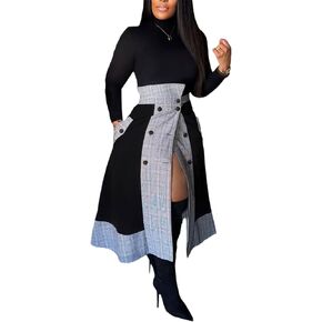 Wuitrie Women's 2 Piece Outfits Long Sleeve High Neck Slim Tops Button Up Patchwork Plaid Asymmetrical Long Skirts Set in Kuwait