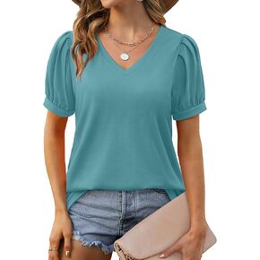 Geifa Womens Summer Tops Puff Short Sleeve V Neck T Shirts Loose Casual Tshirts in Kuwait