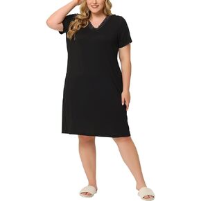 Agnes Orinda Plus Size Nightgowns for Women Lace V Neck Short Sleeve Pajamas Sleepwear Dress Nightgown