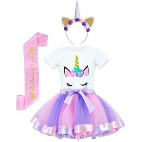 JiaDuo Girls Unicorn Costume Rainbow Tutu with White Shirt, Headband & Satin Sash in Kuwait