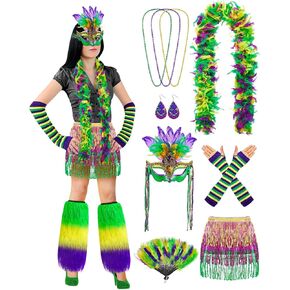 مجموعة إكسسوارات تنكرية للفتيات من Cuffbow 10 قطع من Mardi Gras للنساء، تتضمن قناع Mardi Gras وقلادة من الخرز وأقراط ريشة بوا وقفازات من الريش ومروحة ترتر ملفوفة وتنورة ملفوفة لتدفئة الساق من الفراء لحفلات الكرنفال in Kuwait