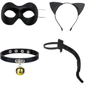 زي قطة سوداء للاطفال والبالغين من بوكابوكو، 4 قطع من عصابة راس على شكل اذني قطة سوداء وغطاء للعين وقلادة رقبة على شكل قطة كرتونية، اكسسوارات تنكرية لحفلات الهالوين التنكرية in Kuwait