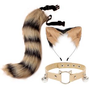 Cat Ears and Tail,Furry Wolf Fox Ears and Long Tail Set for Halloween,Animal Cosplay Party Costume for Kids Adult