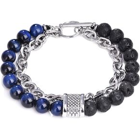 LWQQWL Cuban Link Bracelets for Men Women Blue Tigers Eye/White Turquoise Stainless Steel Chain Bracelet Volcanic Lava Rocks Beaded Friendship Bracelets Jewelry Gifts for Boyfriend Girlfriend