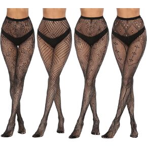 MANZI 4 Pairs Womens Patterned Black Fishnet Stockings Tights Sexy Suspender Thigh High Mesh Cross Pantyhose in Saudi Arabia