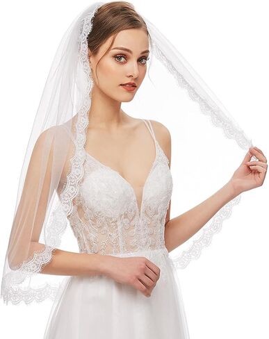 شي جيرل طرحة زفاف قصيرة من الدانتيل، طرحة زفاف بسيطة بيضاء مشط، طرحة عروس لحفلات توديع العزوبية للعروس والنساء in Kuwait