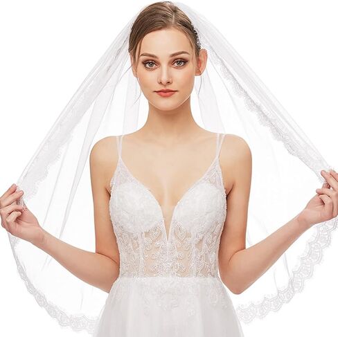 شي جيرل طرحة زفاف قصيرة من الدانتيل، طرحة زفاف بسيطة بيضاء مشط، طرحة عروس لحفلات توديع العزوبية للعروس والنساء in Kuwait