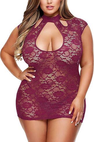 ملابس داخلية نسائية بمقاس كبير من الدانتيل بيبي دول ذات فتحة المفتاح، فستان قصير بأكمام قصيرة، زلات كاملة in Kuwait