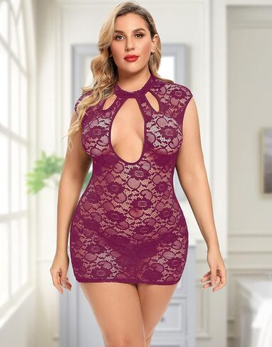 ملابس داخلية نسائية بمقاس كبير من الدانتيل بيبي دول ذات فتحة المفتاح، فستان قصير بأكمام قصيرة، زلات كاملة in Kuwait