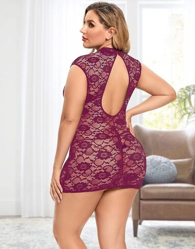 ملابس داخلية نسائية بمقاس كبير من الدانتيل بيبي دول ذات فتحة المفتاح، فستان قصير بأكمام قصيرة، زلات كاملة in Kuwait