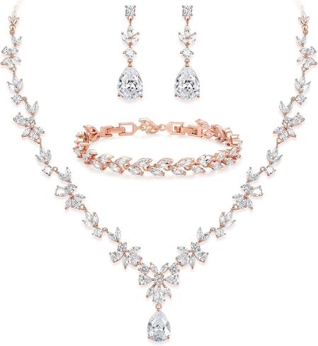 BriLove Gorgeous Wedding Jewelry Set for Women Bridal Cubic Zirconia Marquise Teardrop Leaf Cluster Y-Necklace Dangle Earrings Link Bracelet Set in Kuwait