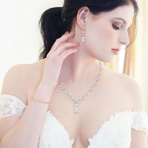 BriLove Gorgeous Wedding Jewelry Set for Women Bridal Cubic Zirconia Marquise Teardrop Leaf Cluster Y-Necklace Dangle Earrings Link Bracelet Set in Kuwait