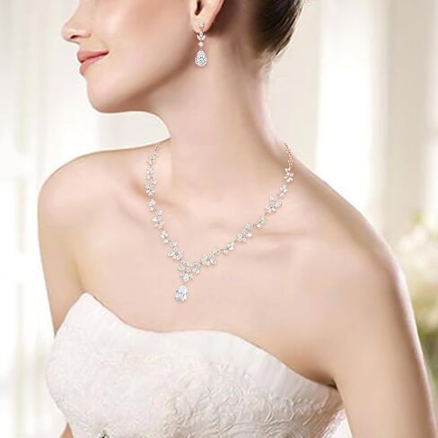 BriLove Gorgeous Wedding Jewelry Set for Women Bridal Cubic Zirconia Marquise Teardrop Leaf Cluster Y-Necklace Dangle Earrings Link Bracelet Set in Kuwait
