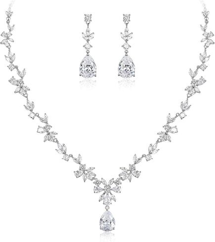 BriLove Gorgeous Wedding Jewelry Set for Women Bridal Cubic Zirconia Marquise Teardrop Leaf Cluster Y-Necklace Dangle Earrings Link Bracelet Set in Kuwait