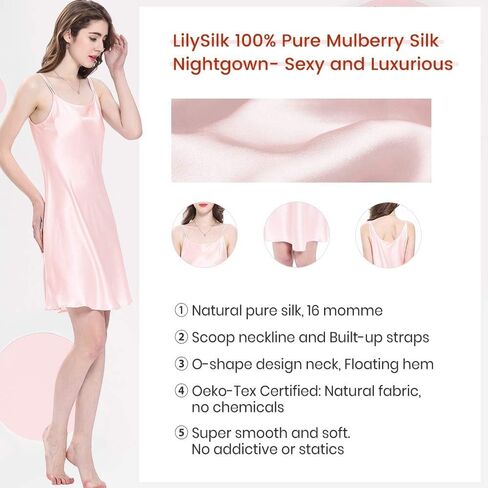 ثوب نوم حريري 100% من LILYSILK للنساء 19 مم حرير التوت قصير قميص نوم مثير للسيدات، وردي M in Kuwait