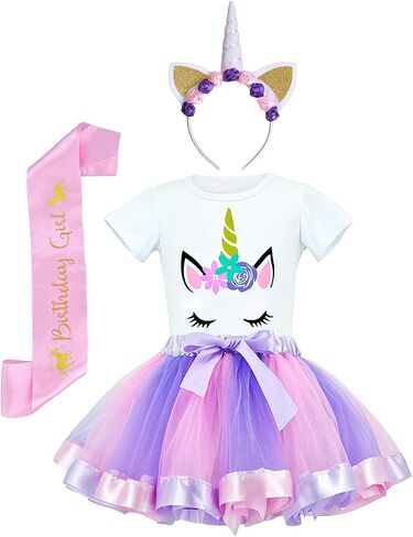 JiaDuo Girls Unicorn Costume Rainbow Tutu with White Shirt, Headband & Satin Sash in Kuwait