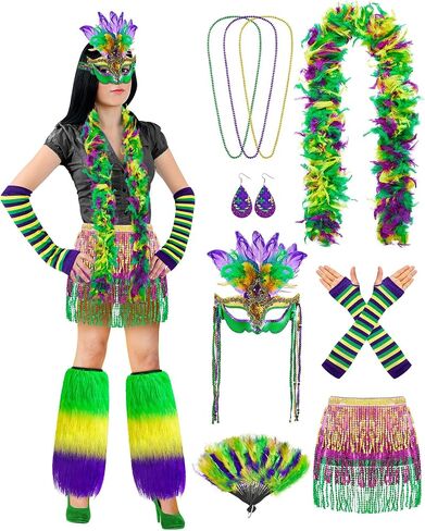 مجموعة إكسسوارات تنكرية للفتيات من Cuffbow 10 قطع من Mardi Gras للنساء، تتضمن قناع Mardi Gras وقلادة من الخرز وأقراط ريشة بوا وقفازات من الريش ومروحة ترتر ملفوفة وتنورة ملفوفة لتدفئة الساق من الفراء لحفلات الكرنفال in Kuwait
