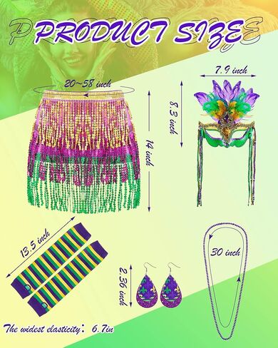 مجموعة إكسسوارات تنكرية للفتيات من Cuffbow 10 قطع من Mardi Gras للنساء، تتضمن قناع Mardi Gras وقلادة من الخرز وأقراط ريشة بوا وقفازات من الريش ومروحة ترتر ملفوفة وتنورة ملفوفة لتدفئة الساق من الفراء لحفلات الكرنفال in Kuwait