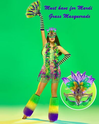 مجموعة إكسسوارات تنكرية للفتيات من Cuffbow 10 قطع من Mardi Gras للنساء، تتضمن قناع Mardi Gras وقلادة من الخرز وأقراط ريشة بوا وقفازات من الريش ومروحة ترتر ملفوفة وتنورة ملفوفة لتدفئة الساق من الفراء لحفلات الكرنفال in Kuwait