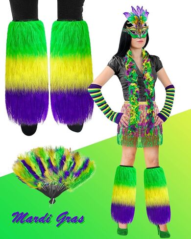 مجموعة إكسسوارات تنكرية للفتيات من Cuffbow 10 قطع من Mardi Gras للنساء، تتضمن قناع Mardi Gras وقلادة من الخرز وأقراط ريشة بوا وقفازات من الريش ومروحة ترتر ملفوفة وتنورة ملفوفة لتدفئة الساق من الفراء لحفلات الكرنفال in Kuwait