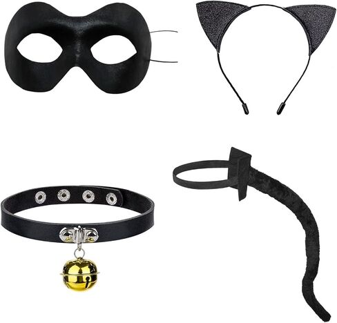 زي قطة سوداء للاطفال والبالغين من بوكابوكو، 4 قطع من عصابة راس على شكل اذني قطة سوداء وغطاء للعين وقلادة رقبة على شكل قطة كرتونية، اكسسوارات تنكرية لحفلات الهالوين التنكرية in Kuwait