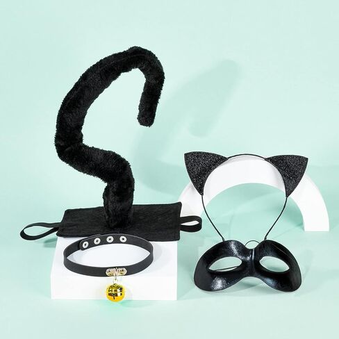 زي قطة سوداء للاطفال والبالغين من بوكابوكو، 4 قطع من عصابة راس على شكل اذني قطة سوداء وغطاء للعين وقلادة رقبة على شكل قطة كرتونية، اكسسوارات تنكرية لحفلات الهالوين التنكرية in Kuwait