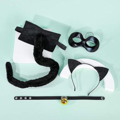 زي قطة سوداء للاطفال والبالغين من بوكابوكو، 4 قطع من عصابة راس على شكل اذني قطة سوداء وغطاء للعين وقلادة رقبة على شكل قطة كرتونية، اكسسوارات تنكرية لحفلات الهالوين التنكرية in Kuwait