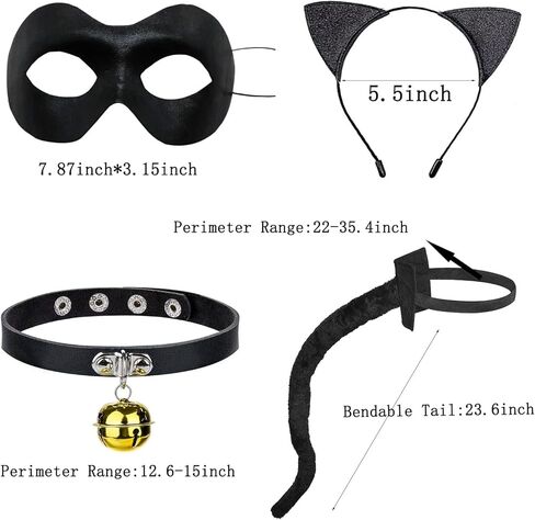 زي قطة سوداء للاطفال والبالغين من بوكابوكو، 4 قطع من عصابة راس على شكل اذني قطة سوداء وغطاء للعين وقلادة رقبة على شكل قطة كرتونية، اكسسوارات تنكرية لحفلات الهالوين التنكرية in Kuwait