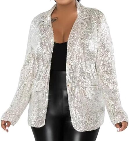 Aotasely Womens Sparkly Sequin Coat Button Blazer Jackets Long Sleeve Crop Light Up Suit with Pockets Formal Clubwear in Kuwait