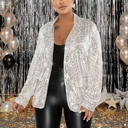 Aotasely Womens Sparkly Sequin Coat Button Blazer Jackets Long Sleeve Crop Light Up Suit with Pockets Formal Clubwear in Kuwait