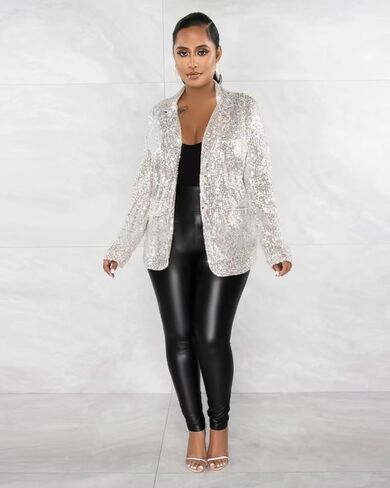 Aotasely Womens Sparkly Sequin Coat Button Blazer Jackets Long Sleeve Crop Light Up Suit with Pockets Formal Clubwear in Kuwait