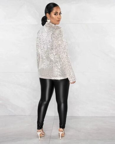 Aotasely Womens Sparkly Sequin Coat Button Blazer Jackets Long Sleeve Crop Light Up Suit with Pockets Formal Clubwear in Kuwait