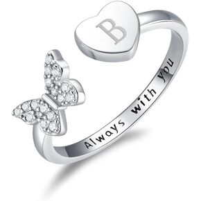 LOVPEPY Initial Letter Ring for Women Teen Girls, Silver Stackable Heart Butterfly Alphabet Rings with Initial Adjustable Crystal Inlaid always with you Rings Mom Daughter Gift