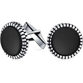 Classic Formal Geometric Blackened Pattern Edge Round Circle Genuine Black Onyx Shirt Cufflinks Men Groom Bullet Hinge .925 Sterling Silver